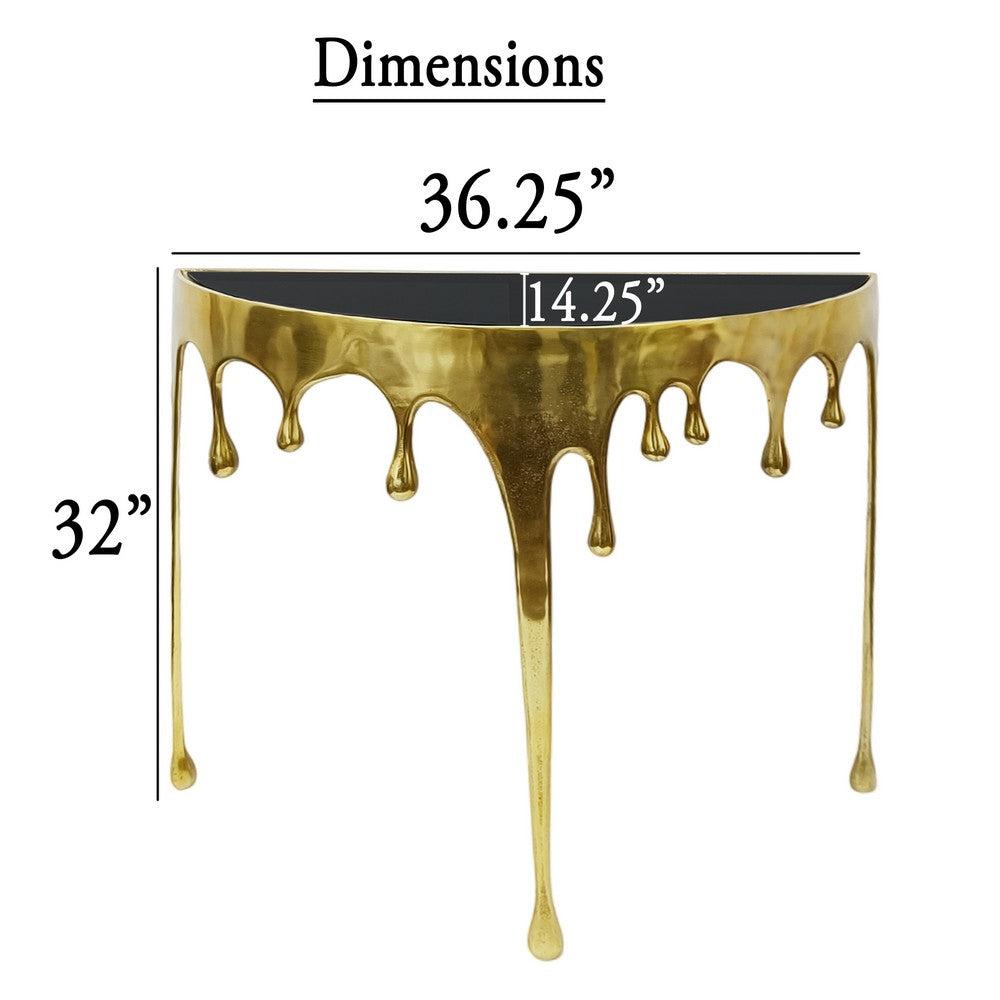 The Urban Port Capri Sofa Console Table | 36.25" Half Moon Glass Top | Melting Drip Design | Aluminum Cast | Antique Gold