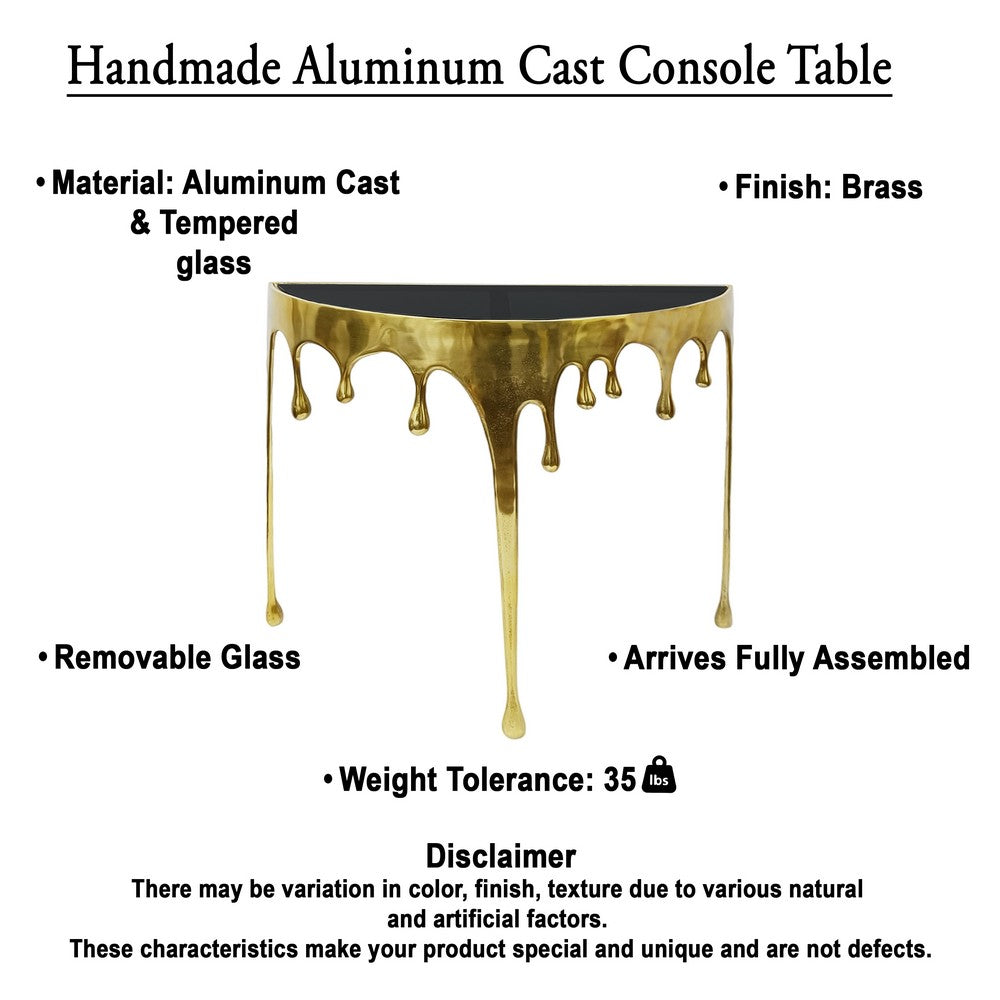 The Urban Port Capri Sofa Console Table | 36.25" Half Moon Glass Top | Melting Drip Design | Aluminum Cast | Antique Gold