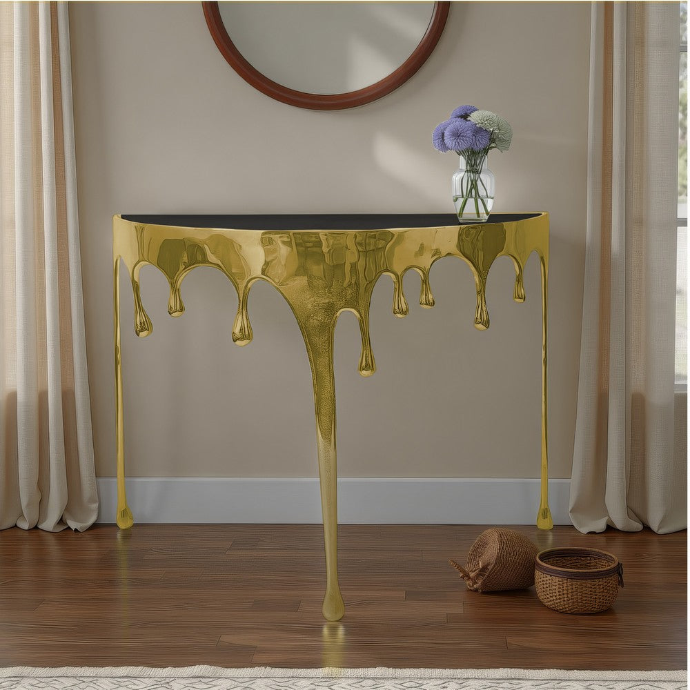 The Urban Port Capri Sofa Console Table | 36.25" Half Moon Glass Top | Melting Drip Design | Aluminum Cast | Antique Gold