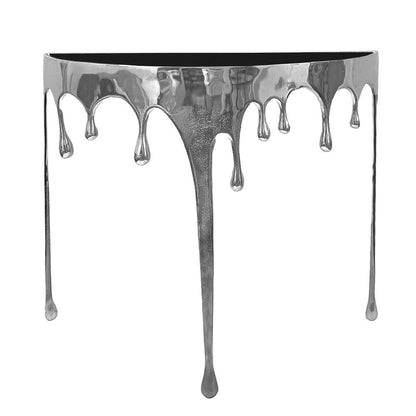 The Urban Port Capri Sofa Console Table | 36.25" Half Moon Glass Top | Melting Drip Design | Aluminum Cast | Silver