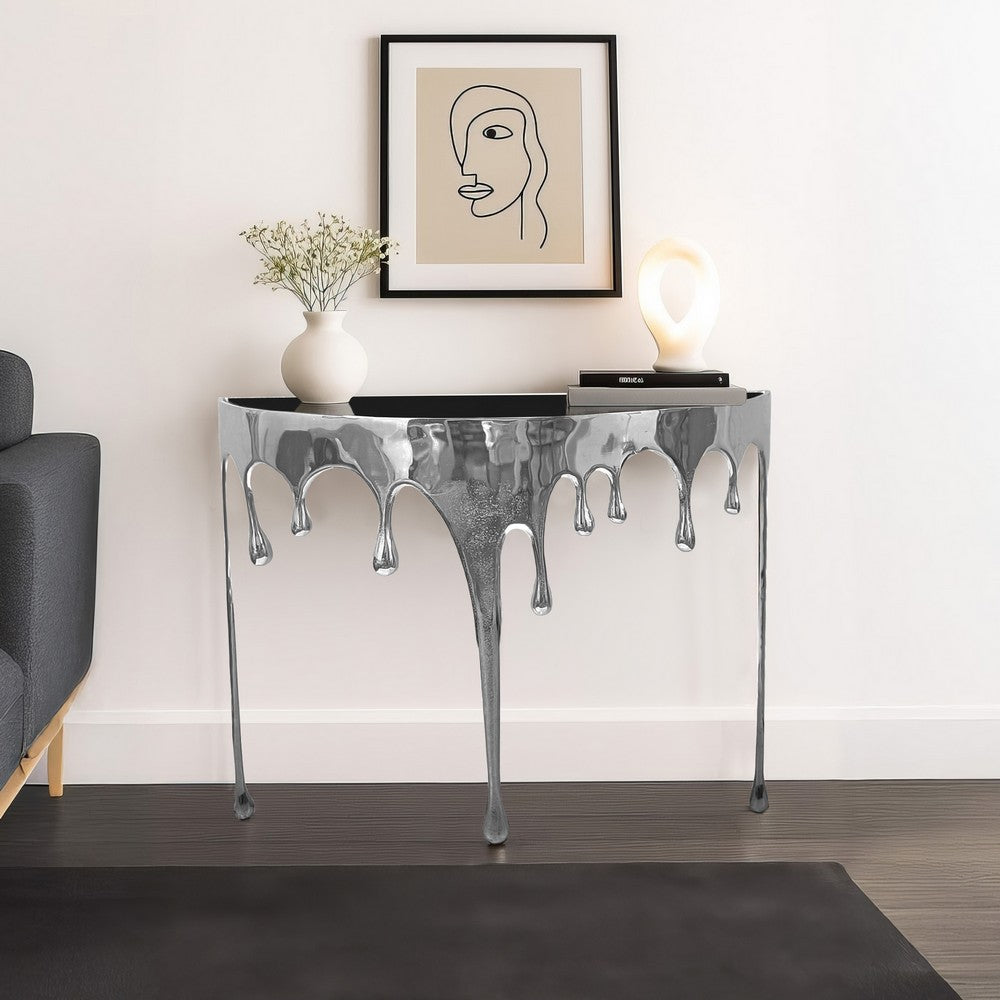 The Urban Port Capri Sofa Console Table | 36.25" Half Moon Glass Top | Melting Drip Design | Aluminum Cast | Silver