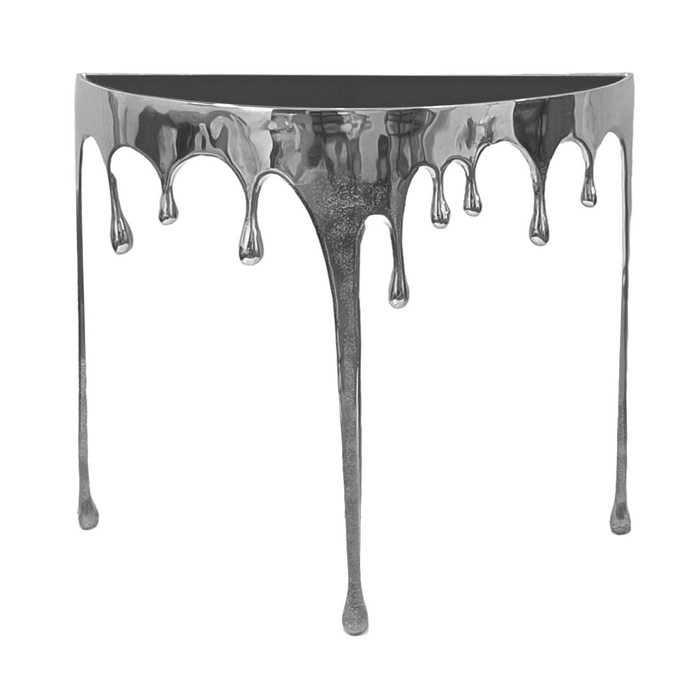 The Urban Port Capri Sofa Console Table | 36.25" Half Moon Glass Top | Melting Drip Design | Aluminum Cast | Silver