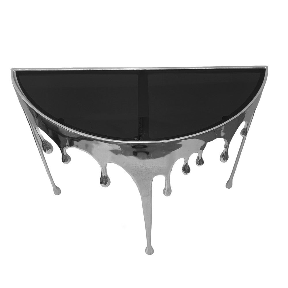 The Urban Port Capri Sofa Console Table | 36.25" Half Moon Glass Top | Melting Drip Design | Aluminum Cast | Silver