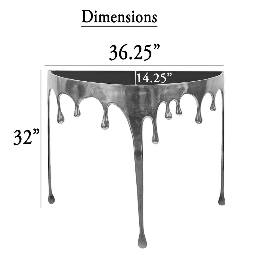 The Urban Port Capri Sofa Console Table | 36.25" Half Moon Glass Top | Melting Drip Design | Aluminum Cast | Silver