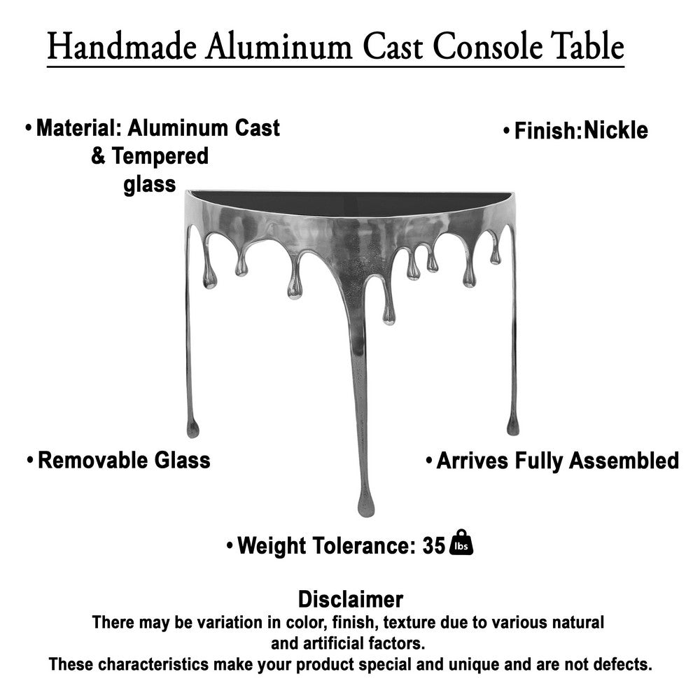 The Urban Port Capri Sofa Console Table | 36.25" Half Moon Glass Top | Melting Drip Design | Aluminum Cast | Silver