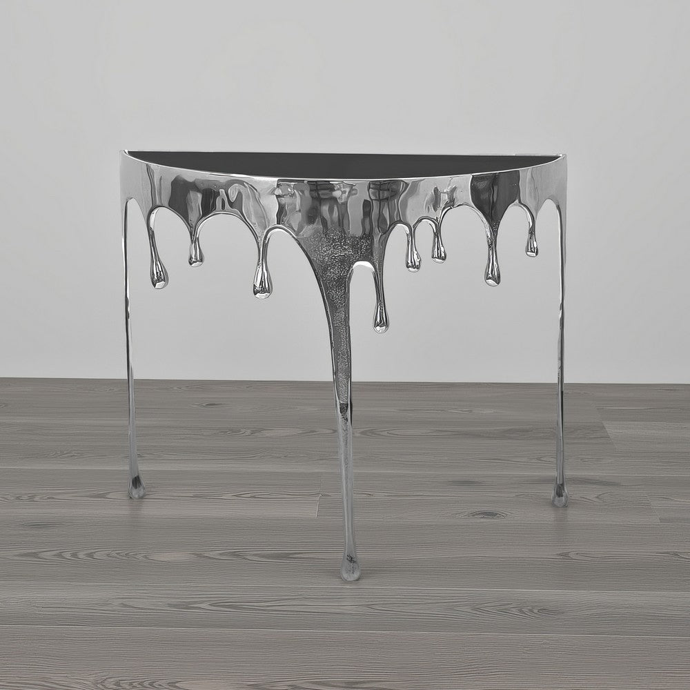 The Urban Port Capri Sofa Console Table | 36.25" Half Moon Glass Top | Melting Drip Design | Aluminum Cast | Silver
