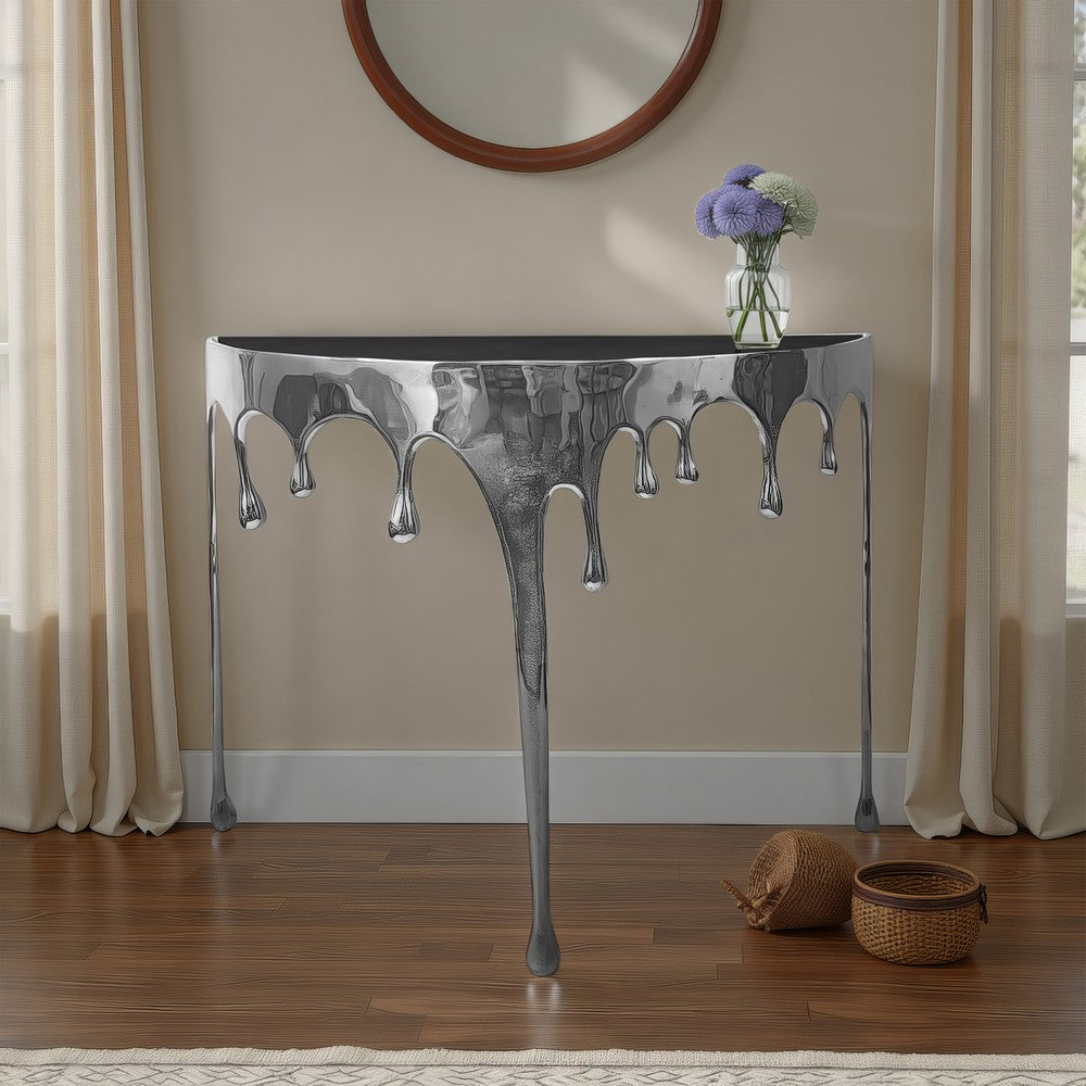 The Urban Port Capri Sofa Console Table | 36.25" Half Moon Glass Top | Melting Drip Design | Aluminum Cast | Silver
