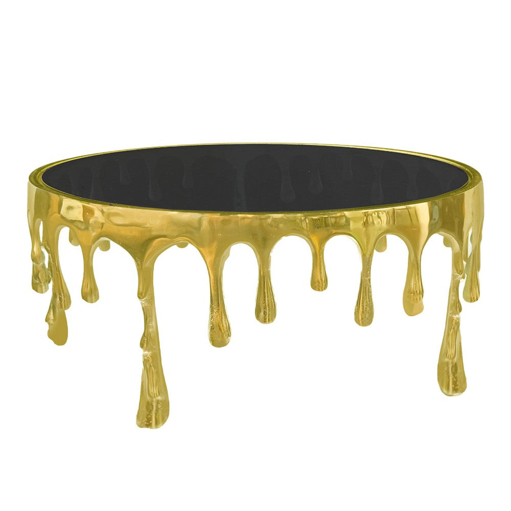 The Urban Port Capri Coffee Table | 36 Inch Round Glass Top | Melting Drip Design | Antique Gold