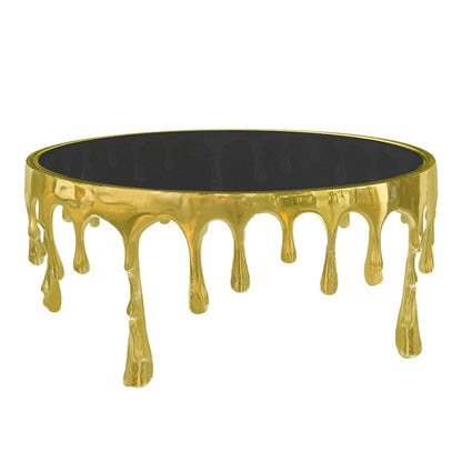 The Urban Port Capri Coffee Table | 36 Inch Round Glass Top | Melting Drip Design | Antique Gold
