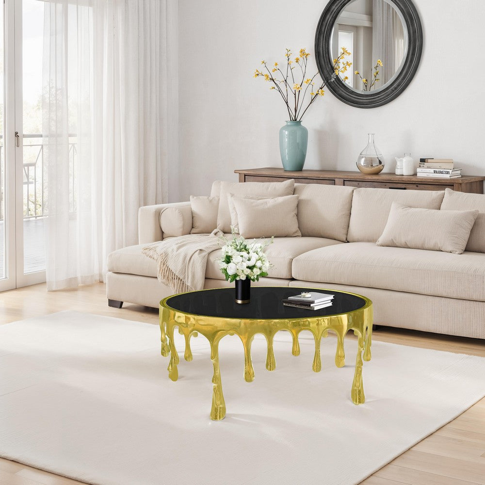 The Urban Port Capri Coffee Table | 36 Inch Round Glass Top | Melting Drip Design | Antique Gold