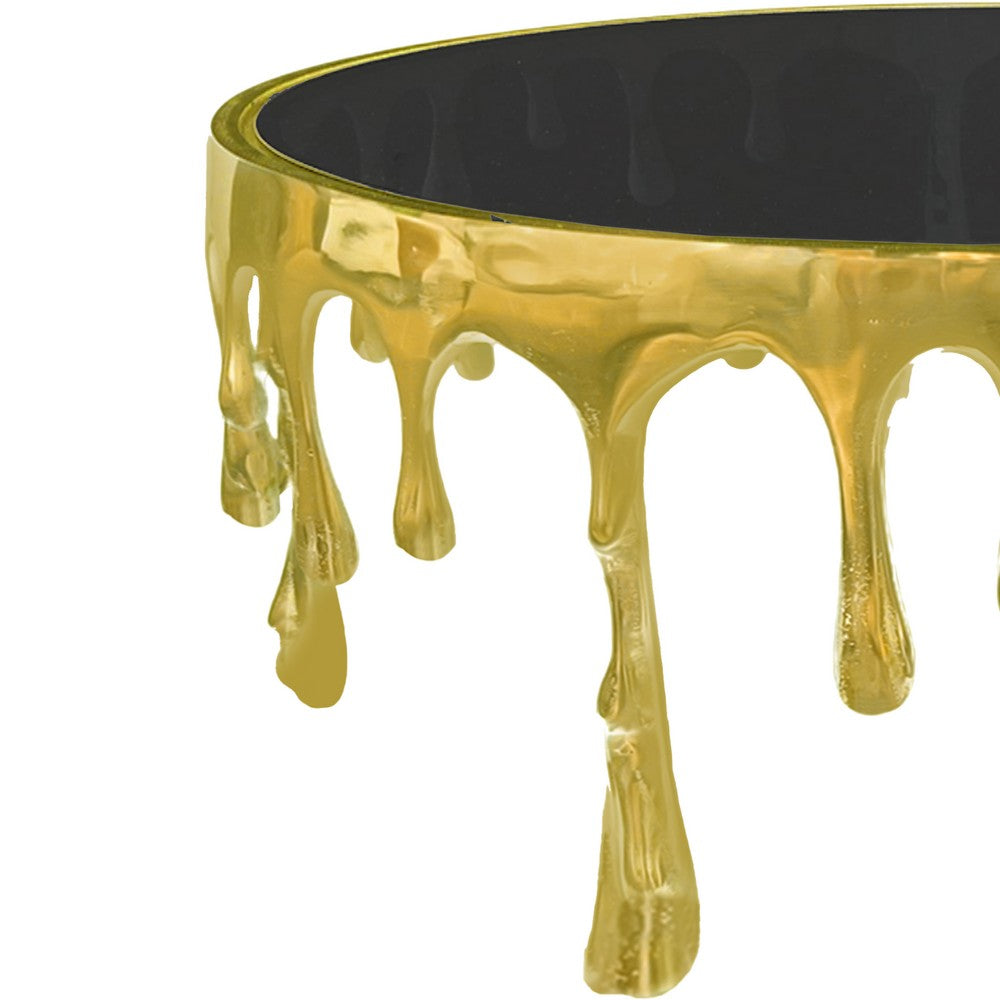 The Urban Port Capri Coffee Table | 36 Inch Round Glass Top | Melting Drip Design | Antique Gold