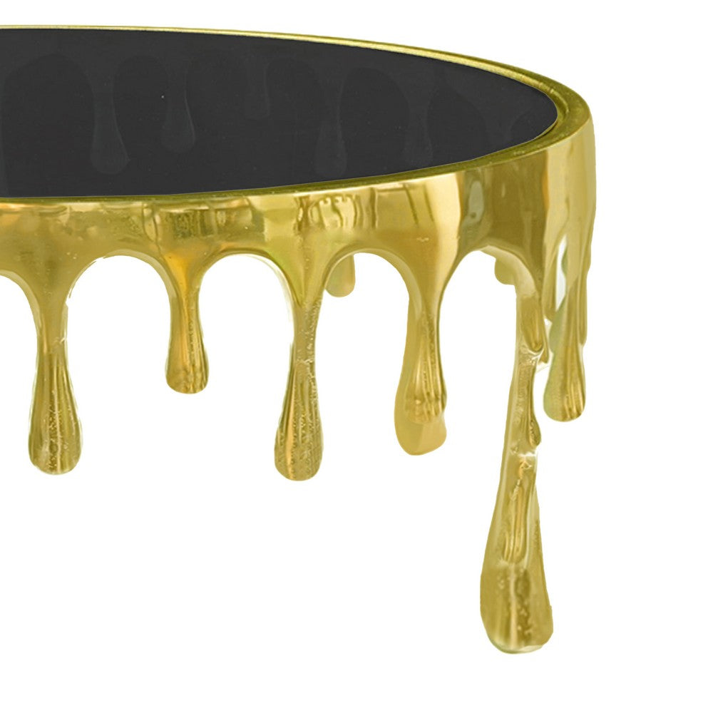 The Urban Port Capri Coffee Table | 36 Inch Round Glass Top | Melting Drip Design | Antique Gold