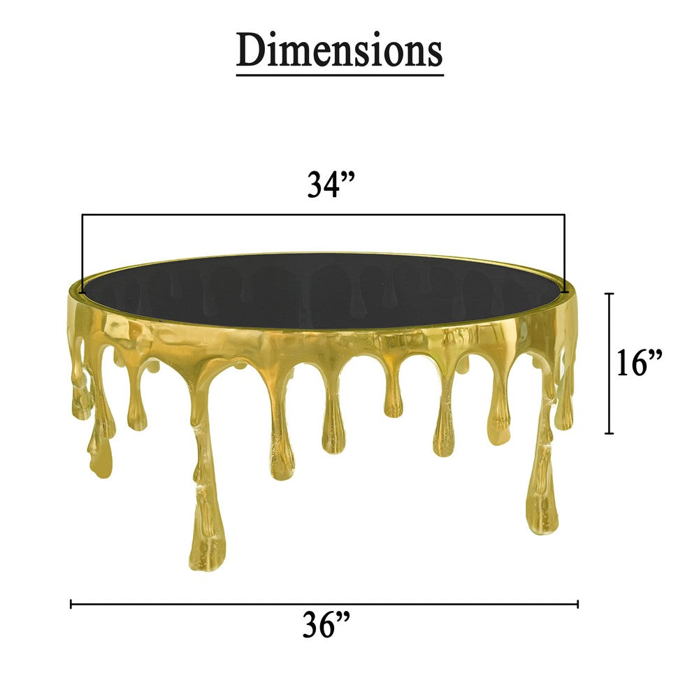 The Urban Port Capri Coffee Table | 36 Inch Round Glass Top | Melting Drip Design | Antique Gold