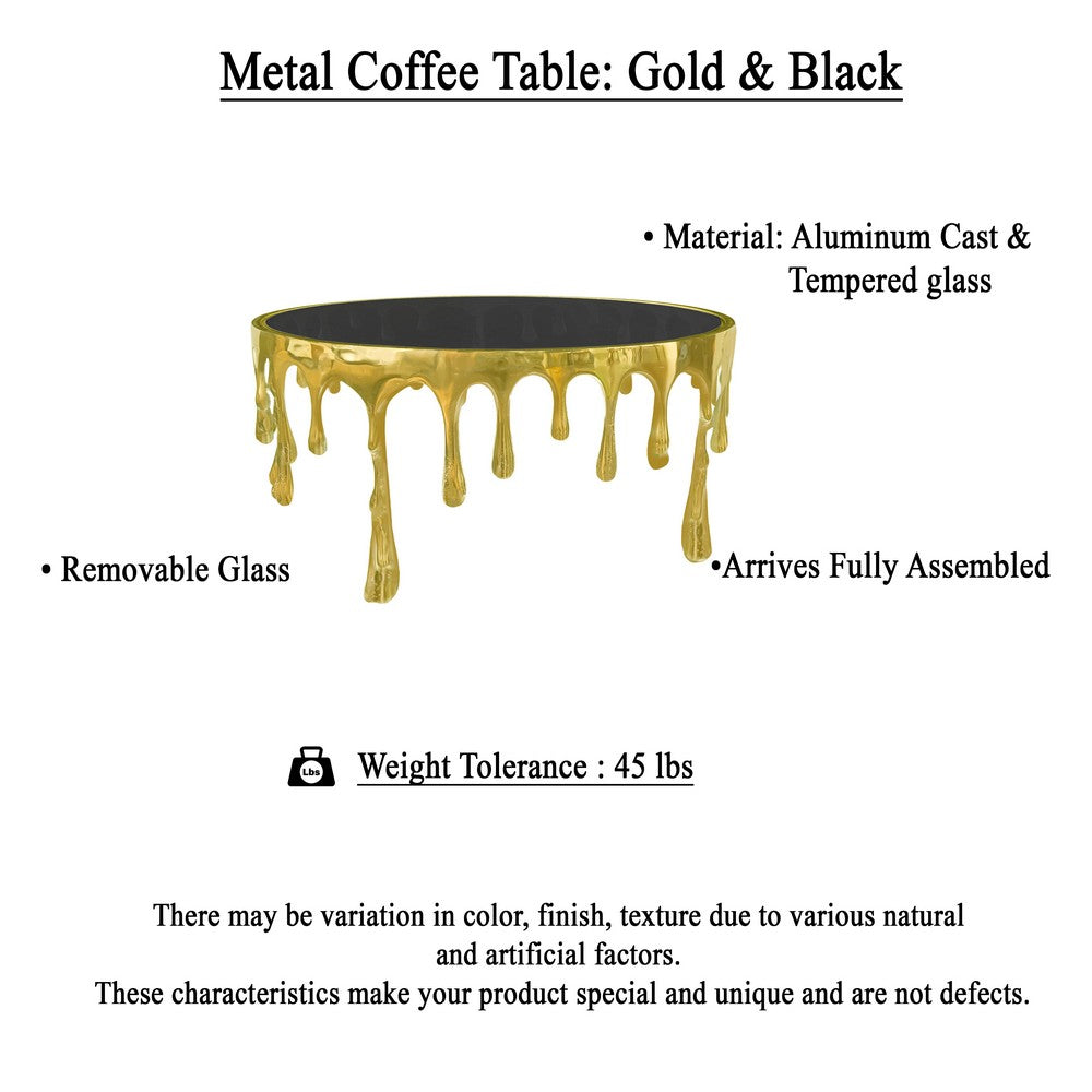 The Urban Port Capri Coffee Table | 36 Inch Round Glass Top | Melting Drip Design | Antique Gold