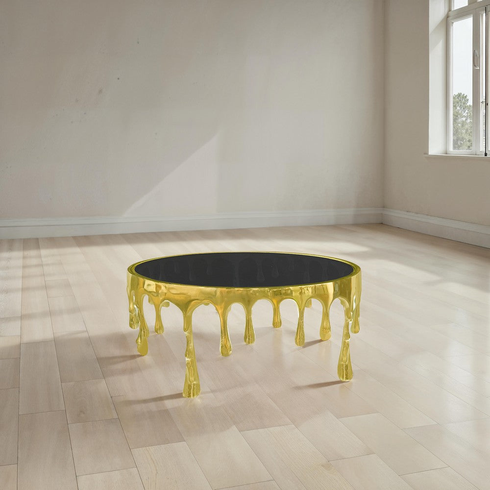 The Urban Port Capri Coffee Table | 36 Inch Round Glass Top | Melting Drip Design | Antique Gold