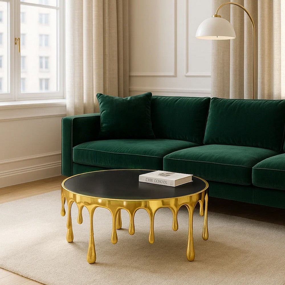 The Urban Port Capri Coffee Table | 36 Inch Round Glass Top | Melting Drip Design | Antique Gold