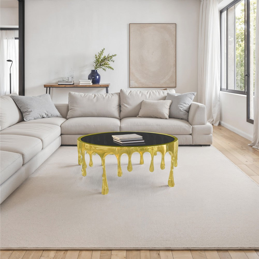 The Urban Port Capri Coffee Table | 36 Inch Round Glass Top | Melting Drip Design | Antique Gold
