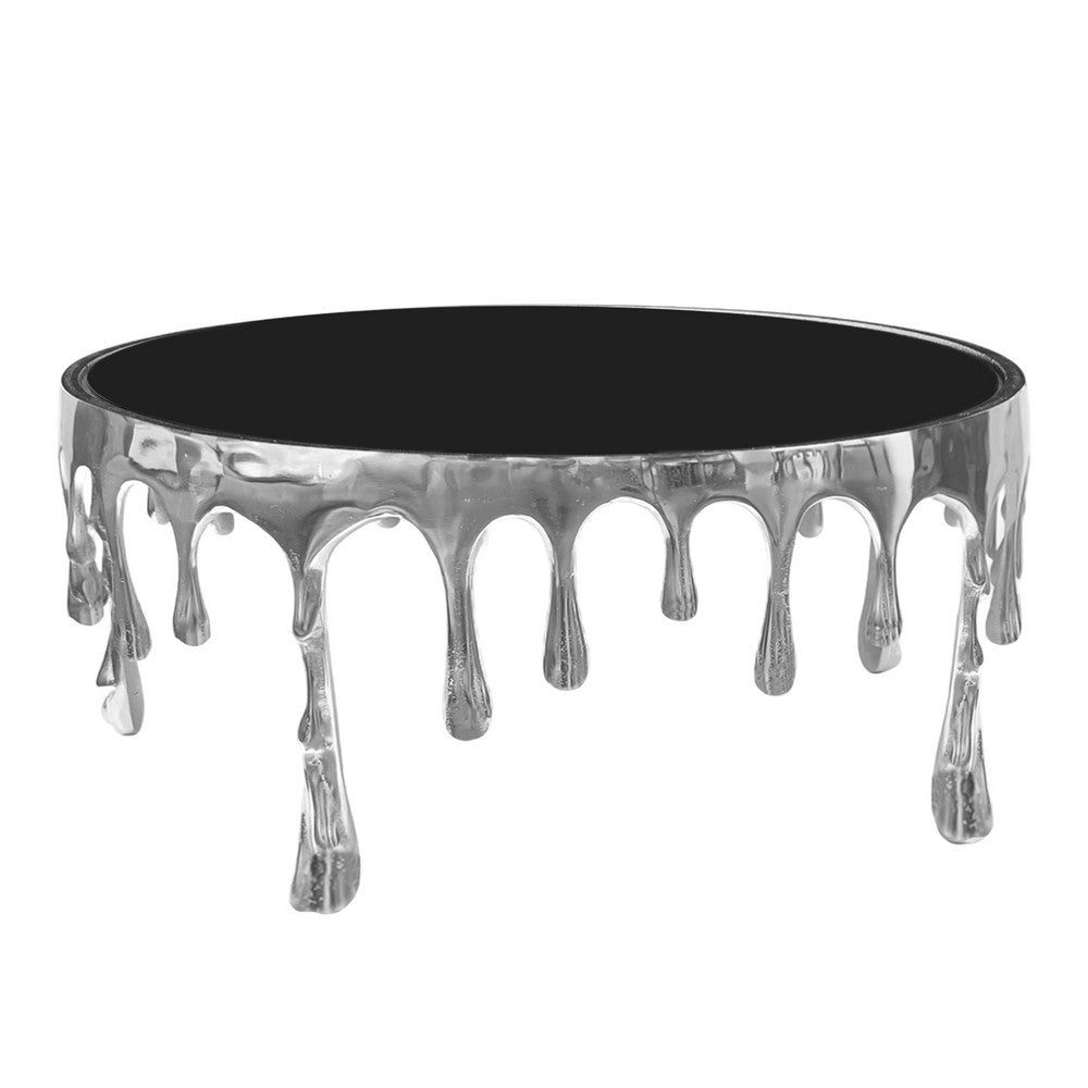 The Urban Port Capri Coffee Table | 36 Inch Round Glass Top | Melting Drip Design | Silver