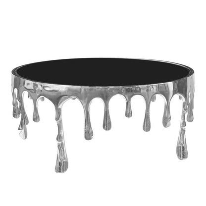 The Urban Port Capri Coffee Table | 36 Inch Round Glass Top | Melting Drip Design | Silver