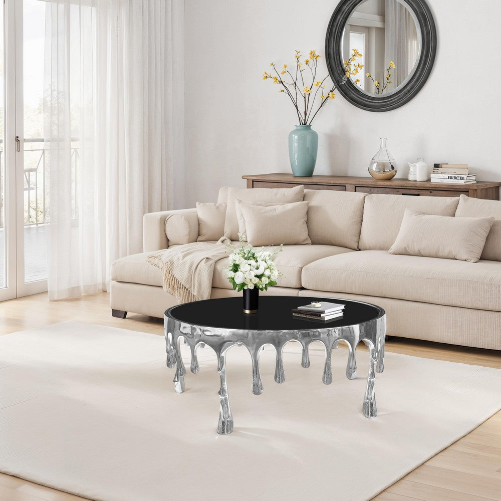 The Urban Port Capri Coffee Table | 36 Inch Round Glass Top | Melting Drip Design | Silver
