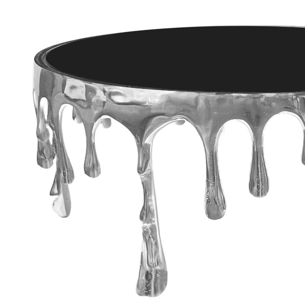 The Urban Port Capri Coffee Table | 36 Inch Round Glass Top | Melting Drip Design | Silver