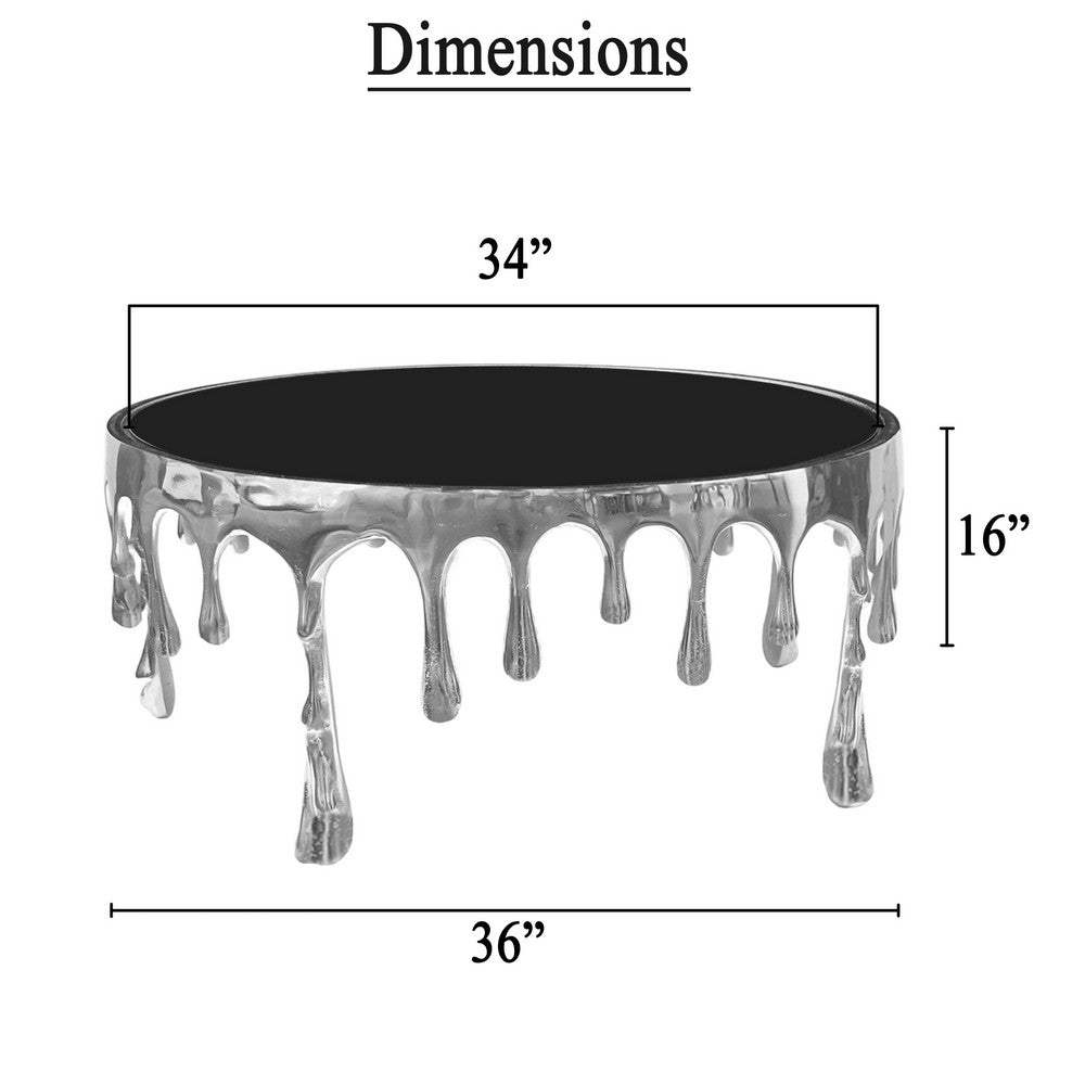 The Urban Port Capri Coffee Table | 36 Inch Round Glass Top | Melting Drip Design | Silver