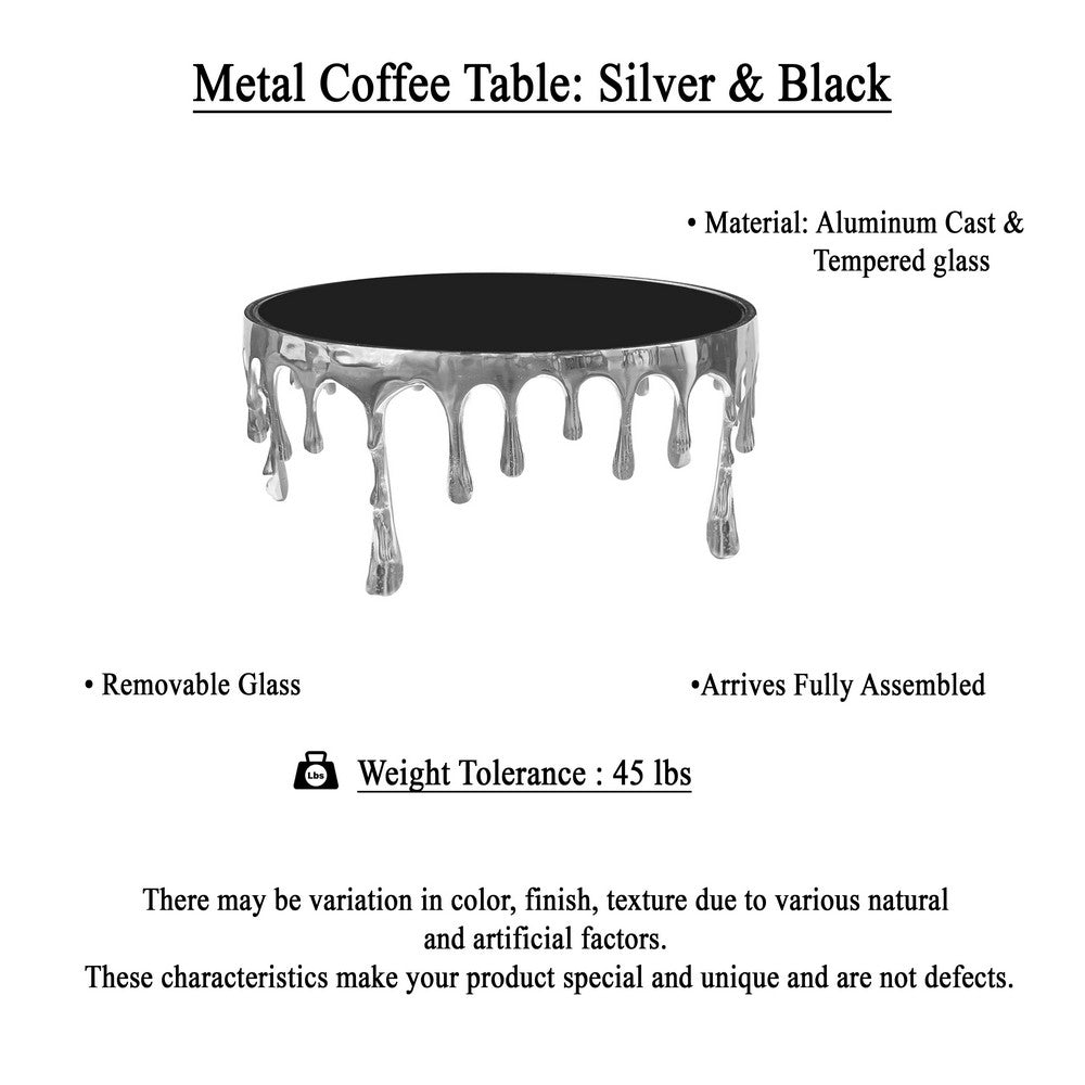 The Urban Port Capri Coffee Table | 36 Inch Round Glass Top | Melting Drip Design | Silver