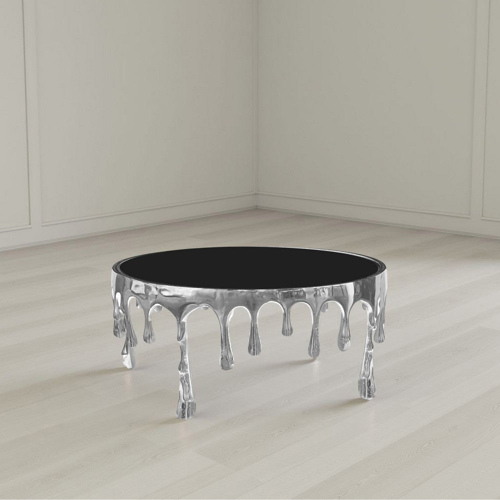 The Urban Port Capri Coffee Table | 36 Inch Round Glass Top | Melting Drip Design | Silver