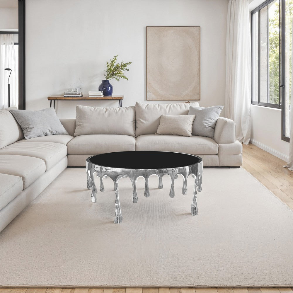 The Urban Port Capri Coffee Table | 36 Inch Round Glass Top | Melting Drip Design | Silver
