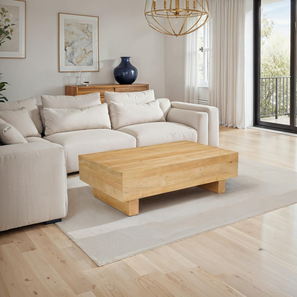 The Urban Port Elias Coffee Table | 42" Rectangular Top | Sandblasted Natural Brown Mango Wood | Wood Sustainably Harvested