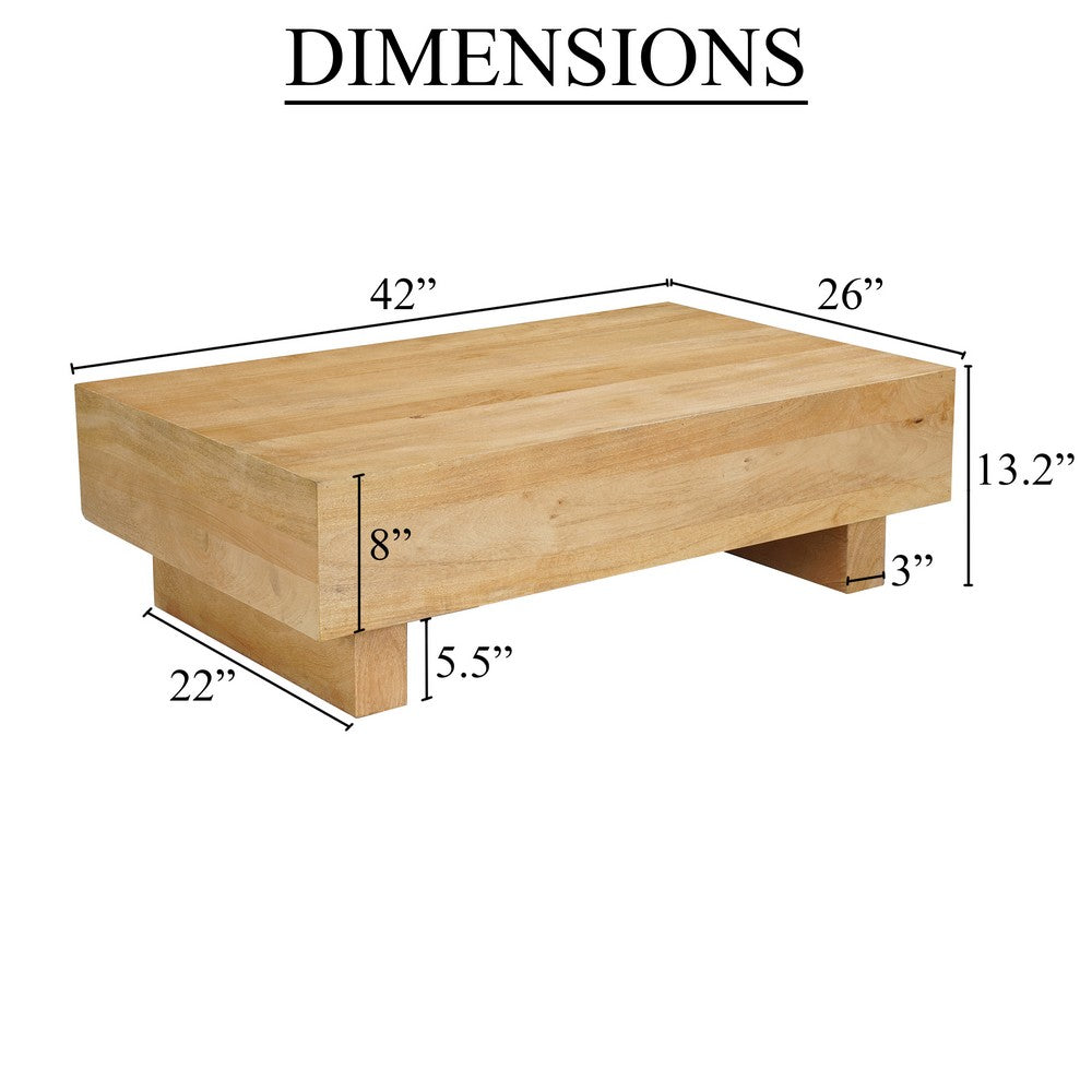 The Urban Port Elias Coffee Table | 42" Rectangular Top | Sandblasted Natural Brown Mango Wood | Wood Sustainably Harvested