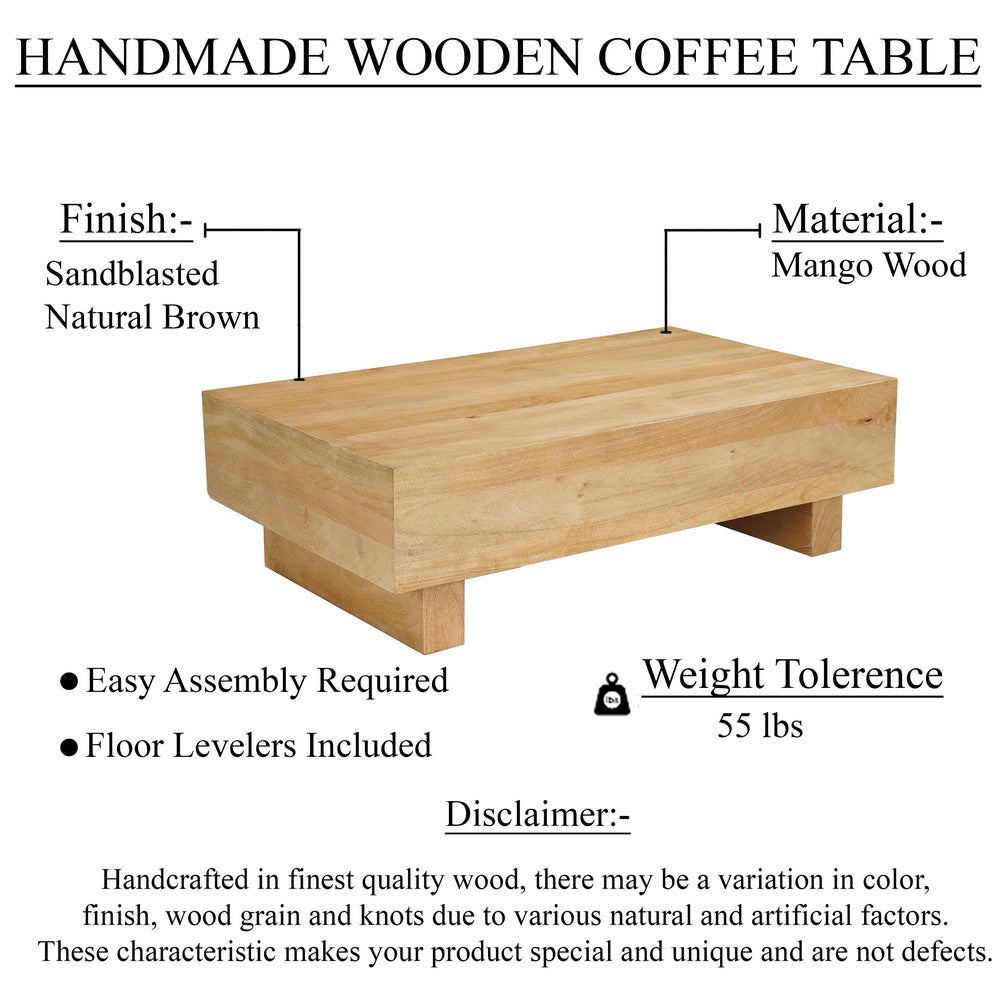 The Urban Port Elias Coffee Table | 42" Rectangular Top | Sandblasted Natural Brown Mango Wood | Wood Sustainably Harvested