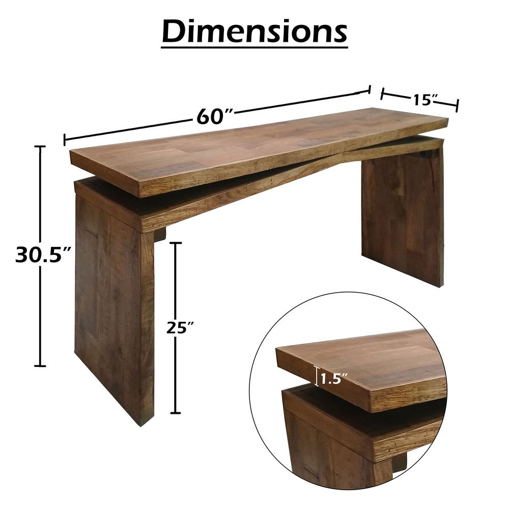The Urban Port Keri Console Table, 60 inch Solid Mango Wood Slab Top, Handcrafted Rustic Natural Brown, Organic Design