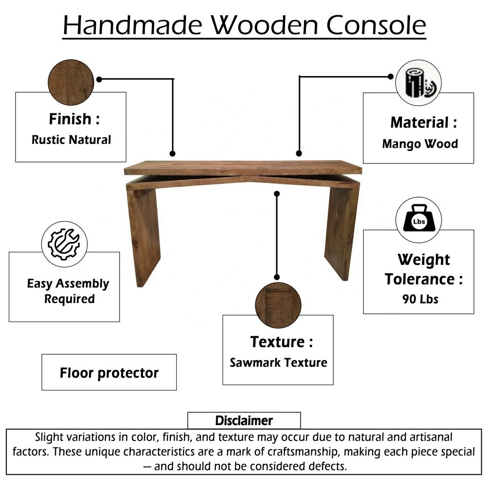 The Urban Port Keri Console Table, 60 inch Solid Mango Wood Slab Top, Handcrafted Rustic Natural Brown, Organic Design