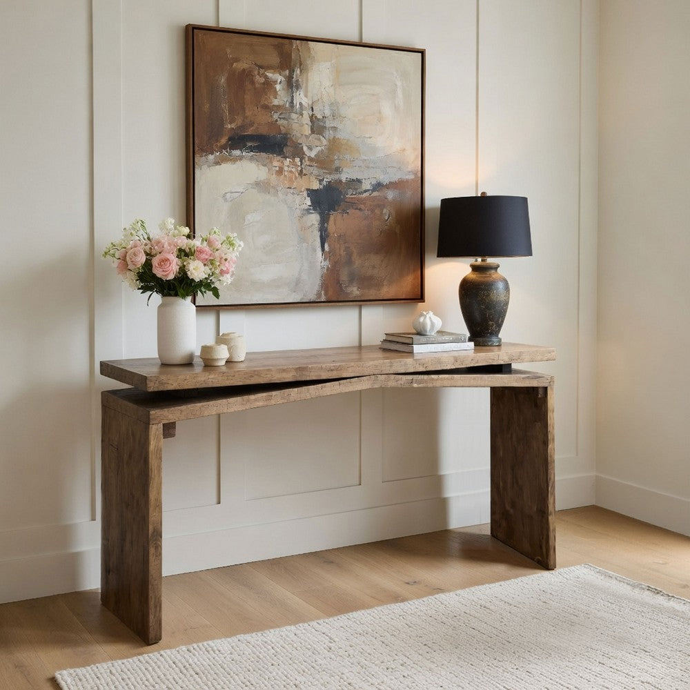 The Urban Port Keri Console Table, 60 inch Solid Mango Wood Slab Top, Handcrafted Rustic Natural Brown, Organic Design