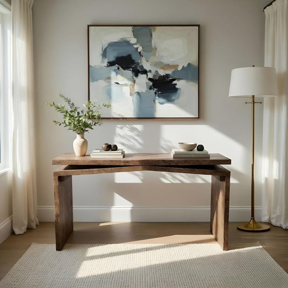 The Urban Port Keri Console Table, 60 inch Solid Mango Wood Slab Top, Handcrafted Rustic Natural Brown, Organic Design