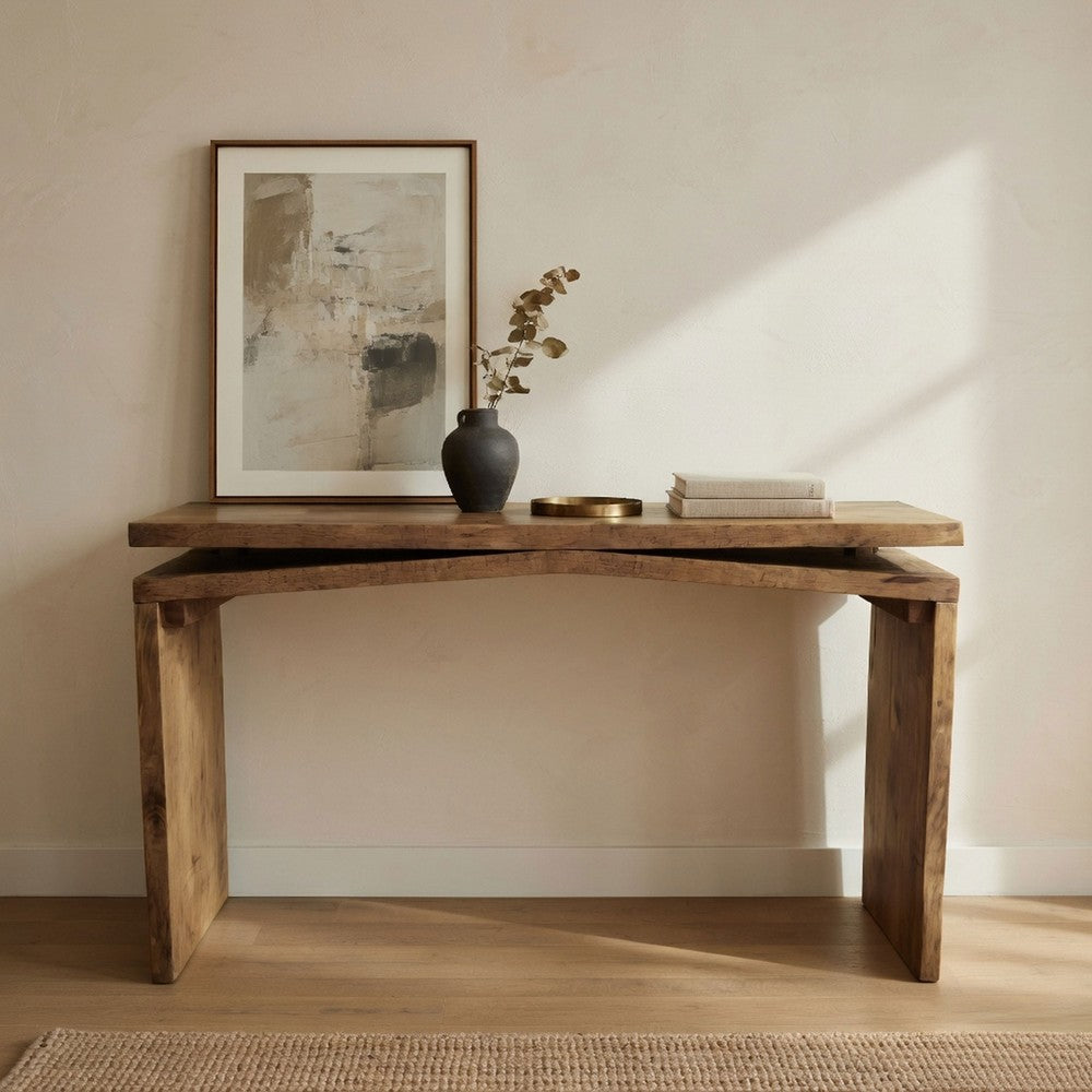 The Urban Port Keri Console Table, 60 inch Solid Mango Wood Slab Top, Handcrafted Rustic Natural Brown, Organic Design