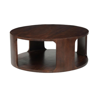 The Urban Port Bard Coffee Table, 38 Inch Round Top with Shelf, Walnut Brown Mango Wood Sculptural Frame