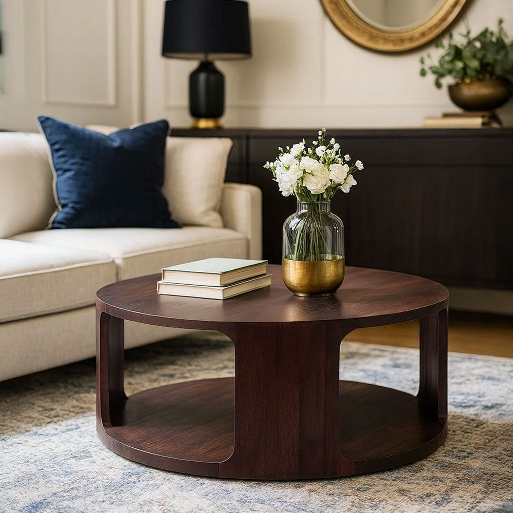 The Urban Port Bard Coffee Table, 38 Inch Round Top with Shelf, Walnut Brown Mango Wood Sculptural Frame