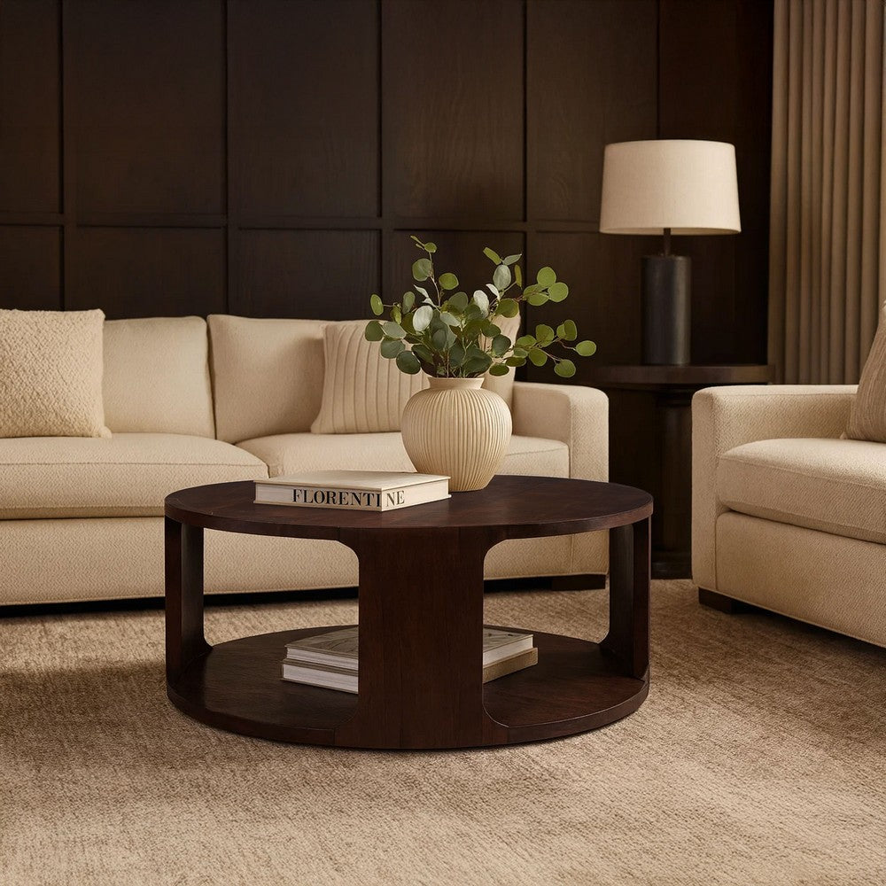 The Urban Port Bard Coffee Table, 38 Inch Round Top with Shelf, Walnut Brown Mango Wood Sculptural Frame