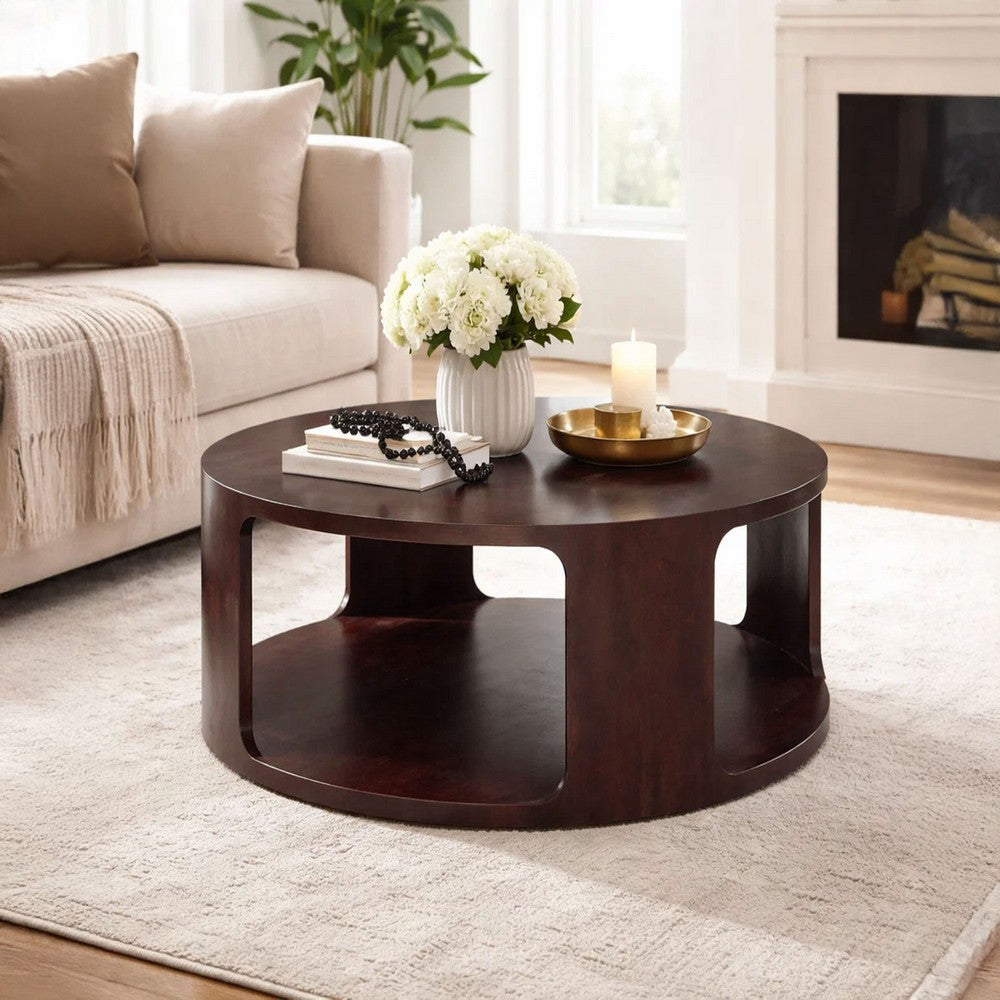 The Urban Port Bard Coffee Table, 38 Inch Round Top with Shelf, Walnut Brown Mango Wood Sculptural Frame