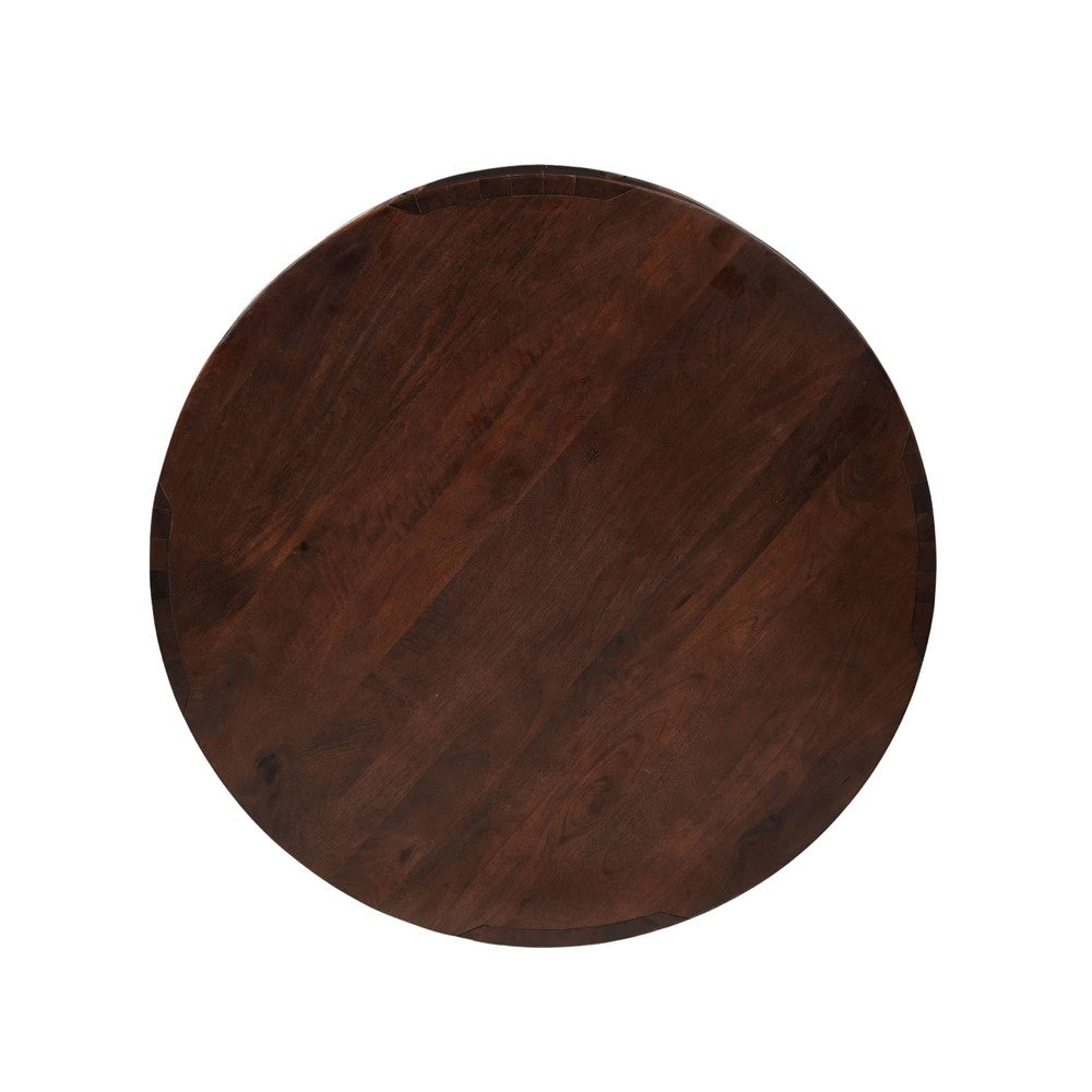 The Urban Port Bard Coffee Table, 38 Inch Round Top with Shelf, Walnut Brown Mango Wood Sculptural Frame