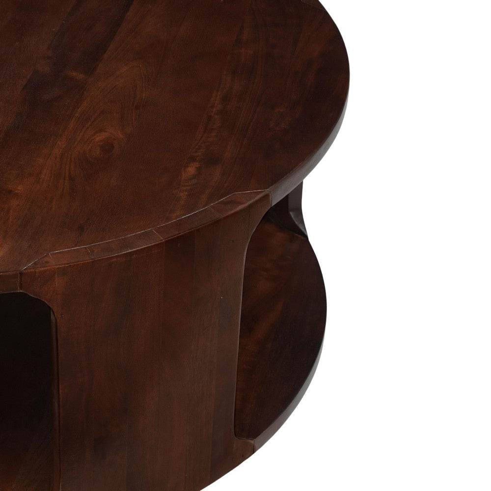 The Urban Port Bard Coffee Table, 38 Inch Round Top with Shelf, Walnut Brown Mango Wood Sculptural Frame