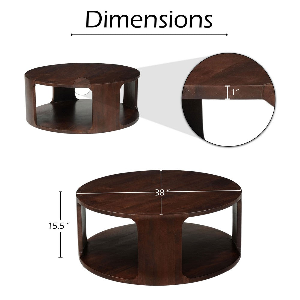 The Urban Port Bard Coffee Table, 38 Inch Round Top with Shelf, Walnut Brown Mango Wood Sculptural Frame