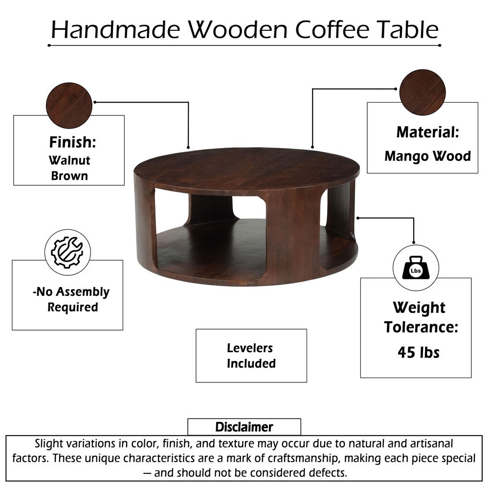 The Urban Port Bard Coffee Table, 38 Inch Round Top with Shelf, Walnut Brown Mango Wood Sculptural Frame