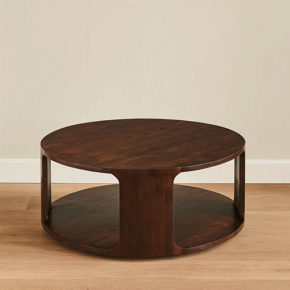 The Urban Port Bard Coffee Table, 38 Inch Round Top with Shelf, Walnut Brown Mango Wood Sculptural Frame