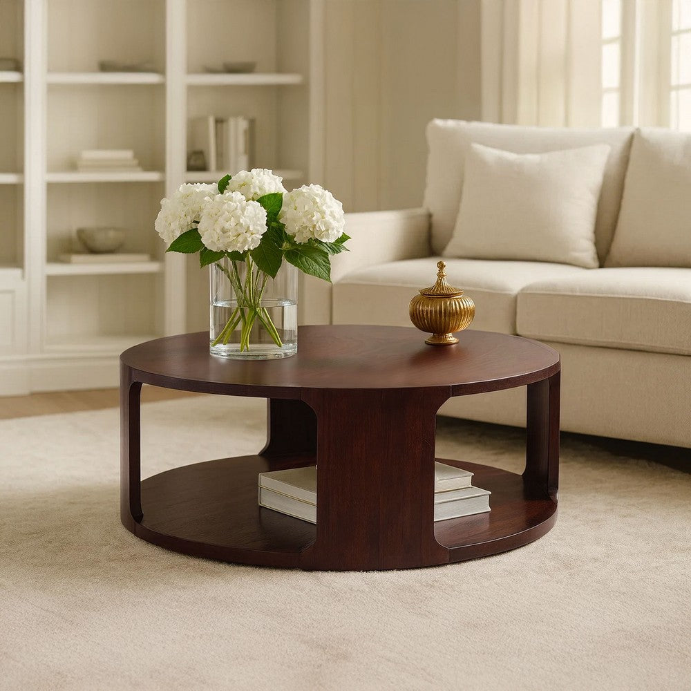 The Urban Port Bard Coffee Table, 38 Inch Round Top with Shelf, Walnut Brown Mango Wood Sculptural Frame