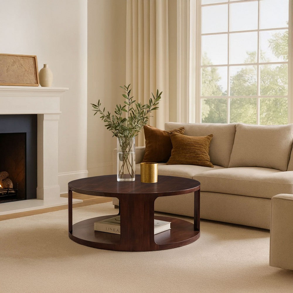 The Urban Port Bard Coffee Table, 38 Inch Round Top with Shelf, Walnut Brown Mango Wood Sculptural Frame