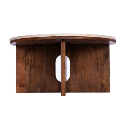 The Urban Port Kara Coffee Table, 29 Inch Round Botticino Marble Top, Brown Mango Wood 3 Panel Tripod Base