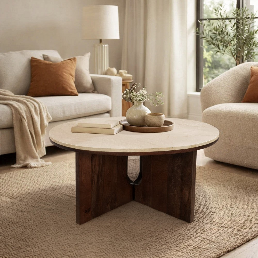 The Urban Port Kara Coffee Table, 29 Inch Round Botticino Marble Top, Brown Mango Wood 3 Panel Tripod Base